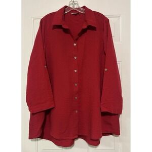 John Mark Top Womens L Red Button‎ Up Tunic Long Sleeves Christmas Party Blouse